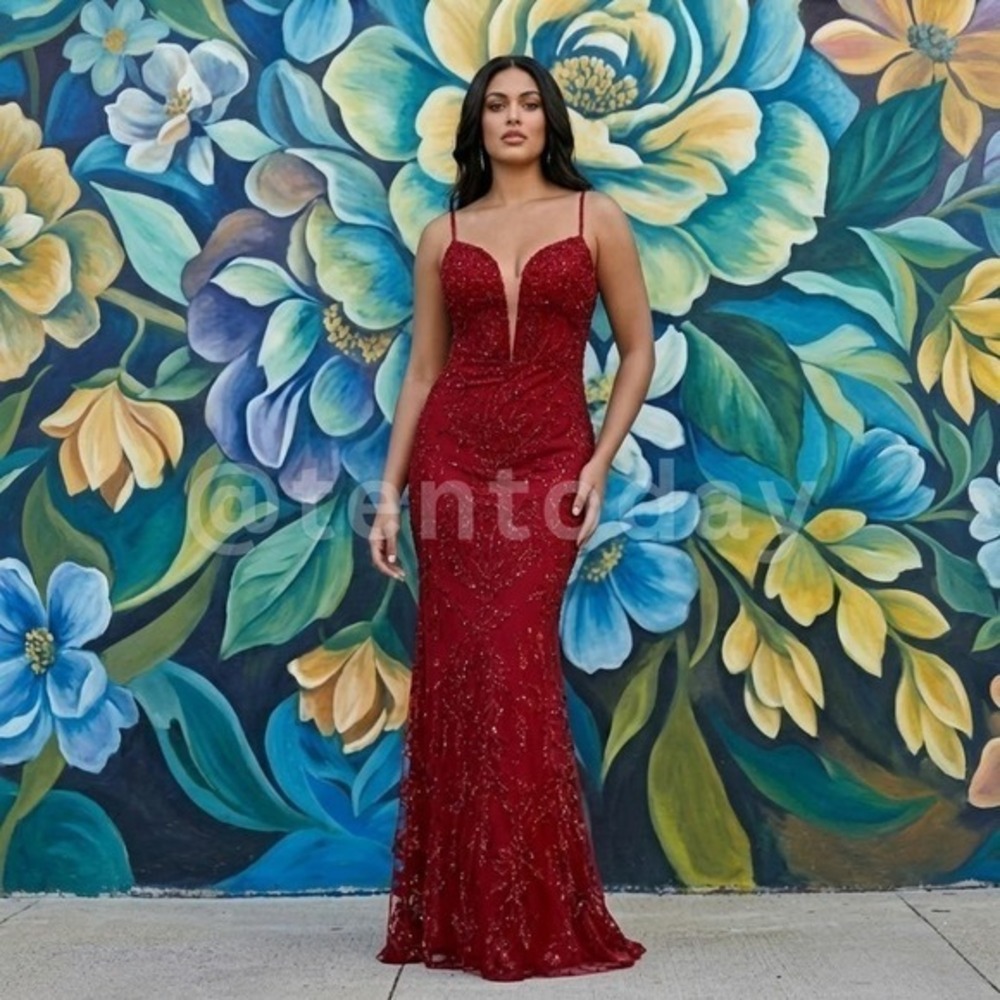 $798 Mac Duggal Size 14 Red Floral Embroidery Jeweled Long Maxi Gown Dress